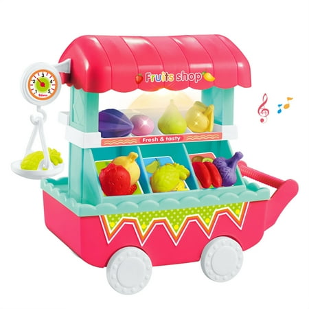 Ice Cream Fruit Trolley Carts Pretend Play Set for Baby Kids with Music Light Best Gift for Boys and