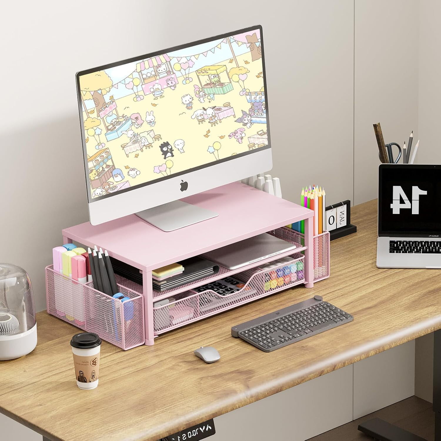 Desk Organizer and Accessories, 2-Tier Computer Monitor Stand with Drawer and 2 Pen Holders, Office Desk Accessories for Office Supplies