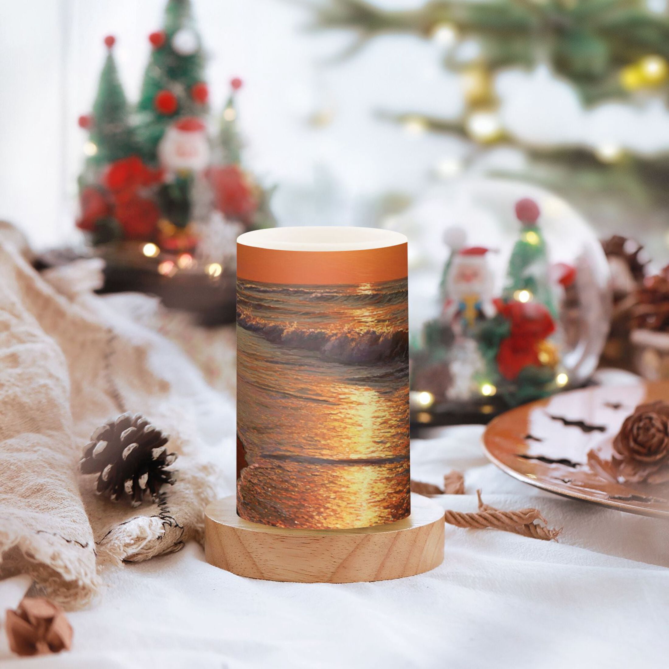 Beach Sunset Flickering Flameless Candles Battery Operated with Remote Timer LED Pillar Candles Set of 2