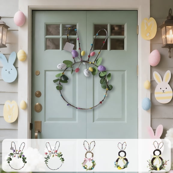 Easter Bunny Spring Wreath for Front Door,9.84inch Handmade Rabbit-shaped Rattan Wreath with Eggs,Flowers & Bow for Easter DIY Craft Farmhouse Indoor Outdoor Holiday Porch Wall Hanging Decor