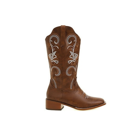 

Harsuny Women s Embroidered Western Rodeo Square Toe Cowboy Mid Calf Boots Dark Brown 9