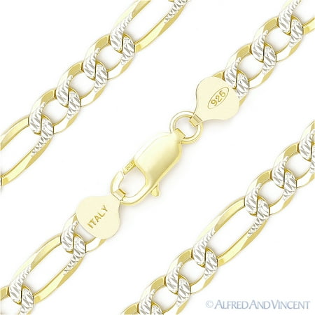 7.8mm Figaro Link D-Cut Pave Italian Chain Bracelet in .925 Sterling Silver w/ 14k Yellow Gold