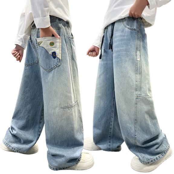 ZXLBBD Boys Casual Jeans Straight Leg Stylish Emborider Baggy Denim Pants for Kids and Teenagers Fashion Durable Loose Dailywear