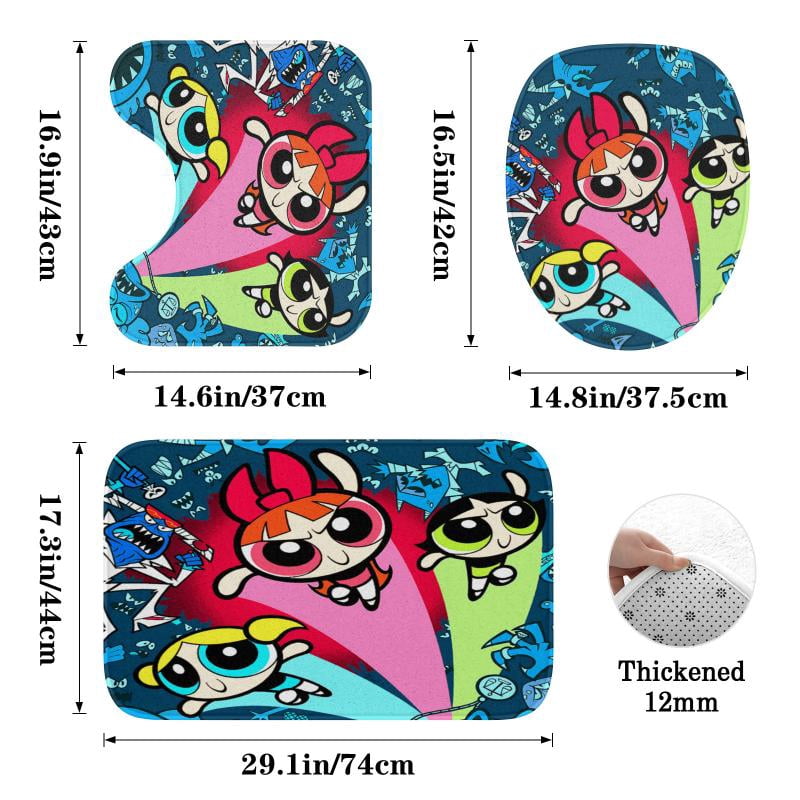 Lheaggik Cartoon Powerpuff Girl 4 Pcs Bathroom Sets with Shower Curtain and Rugs, Waterproof Polyester Shower Curtain Sets with Hooks