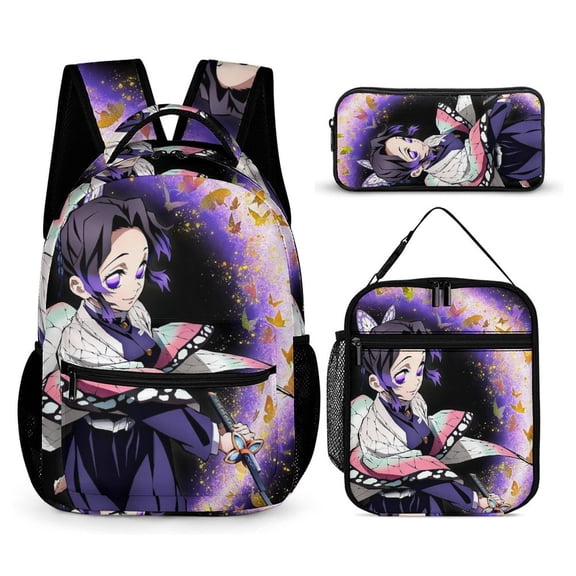 3 Piece Casual Shoulder Bag, Demon Slayer Kochou Shinobu Backpack Set Travel Knapsack with Lunch Box Pencil Case