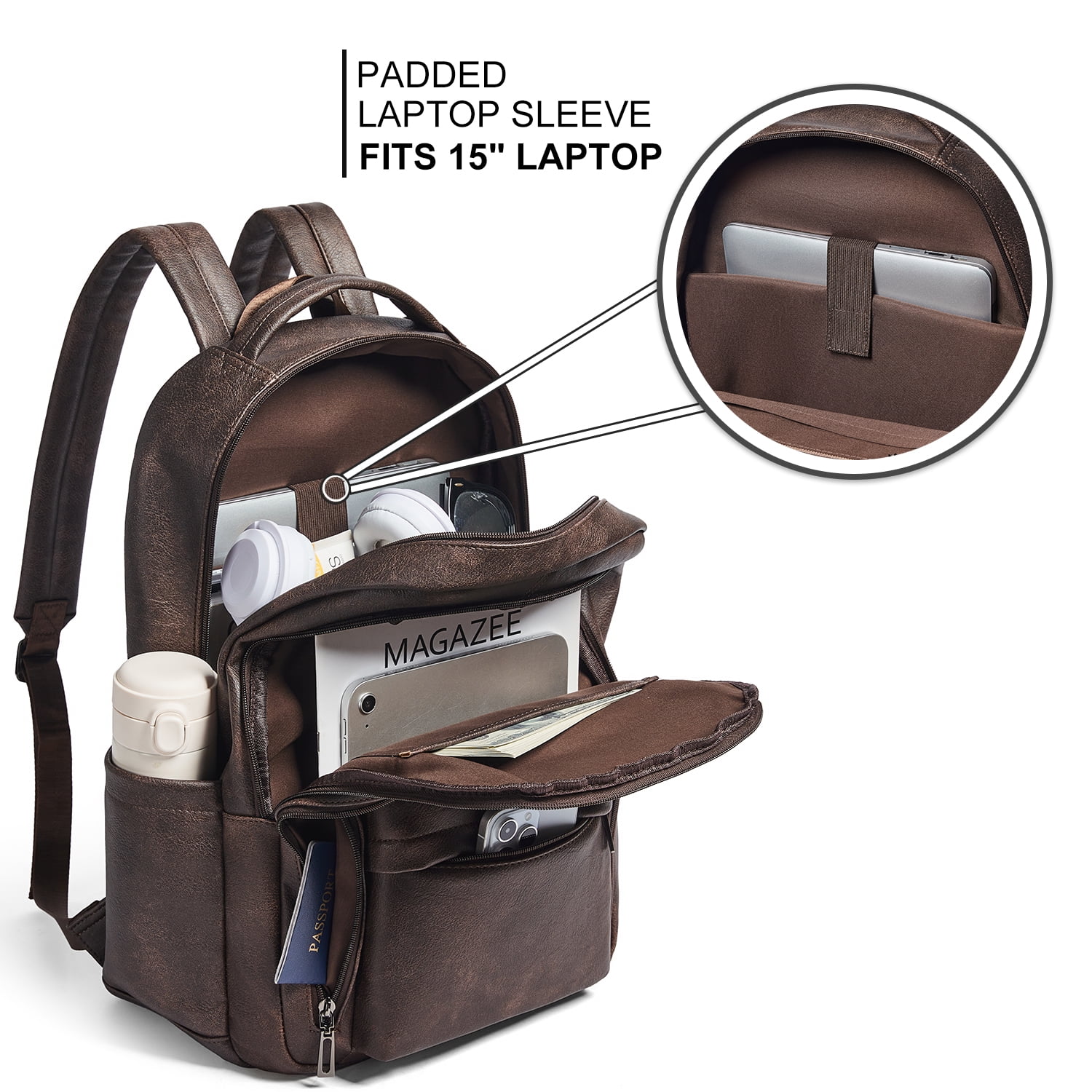 Versatile 30L Faux Leather Backpack Purse for Women & Men, Multi-Use Travel Work Laptop Backpack Bookbag, Fits 15.6" Laptop - Coffee