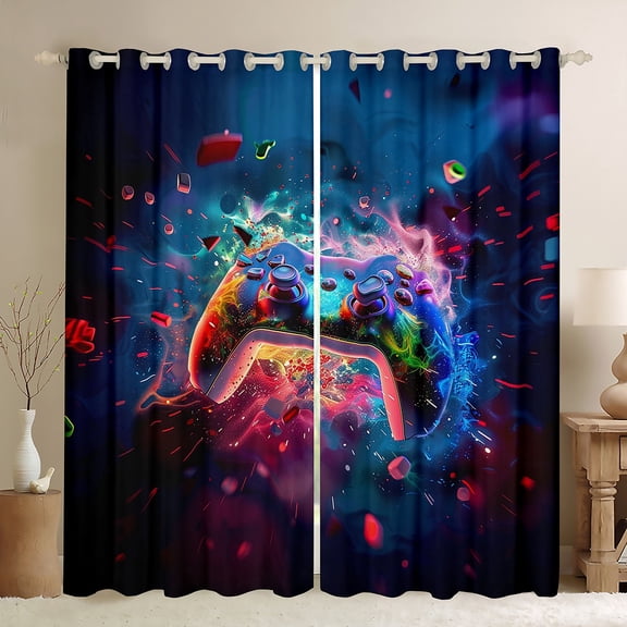 Homewish 3D Neon Gamepad Black Out Curtains for Boys, Game Console Lover Curtains Pack of 2 (42x63 Each), Splash Watercolor Art Bedroom Curtains, Curtains and Drapes Bedroom Decor