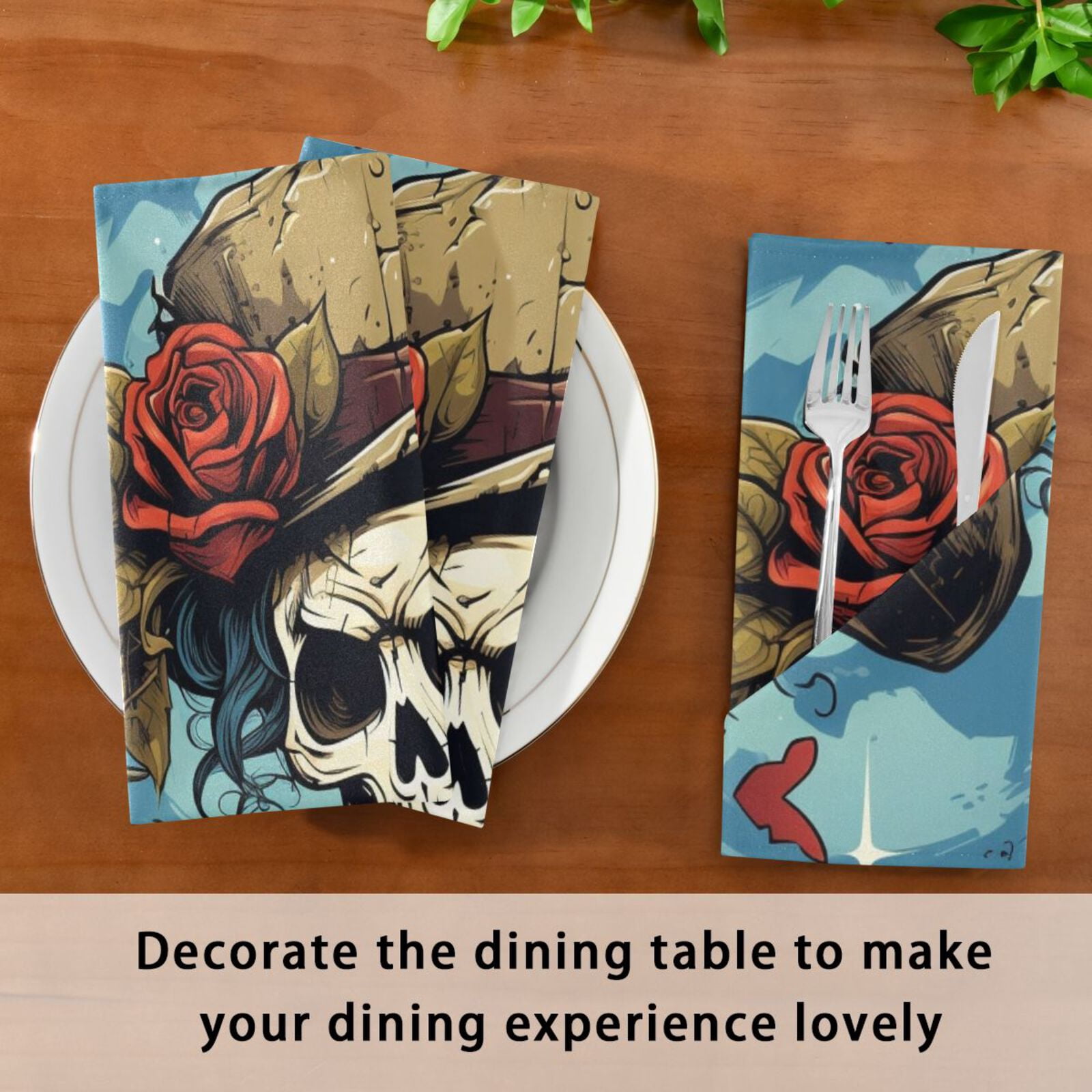 JSTEL Skull Rose Flowers Cloth Napkins Set of 6, 20x20 Inch Washable and Reusable Napkin for Decoupage Dinner Party Everyday Use