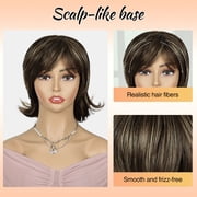 QUEENTAS Mullet Wig Short Brown Wigs for Women Synthetic Brown Wig with Bangs Mix Blonde Highlights