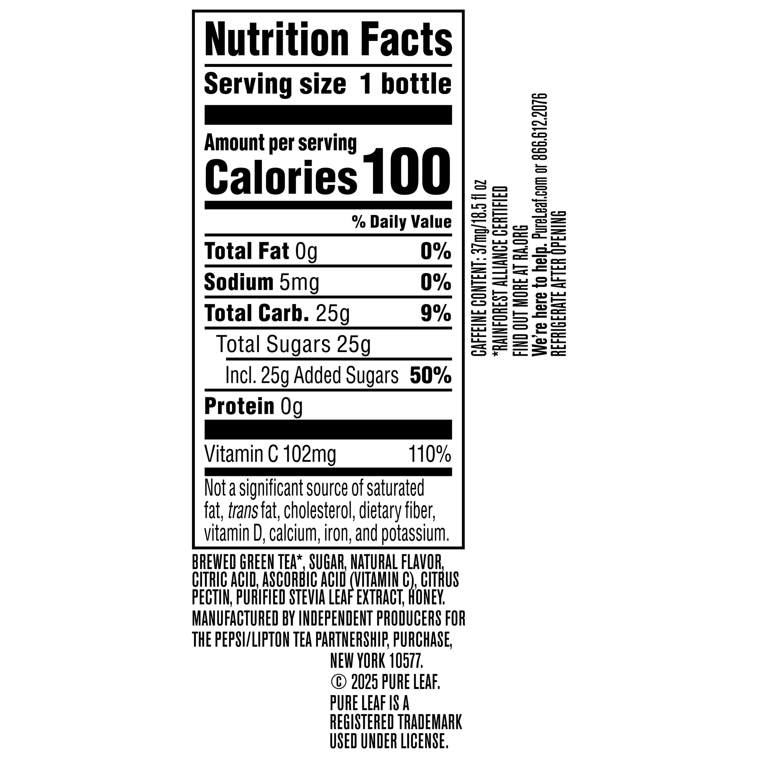Lipton Pure Leaf Honey Green Tea Iced Tea, Bottled Tea Drink, 18.5 fl oz, Bottle