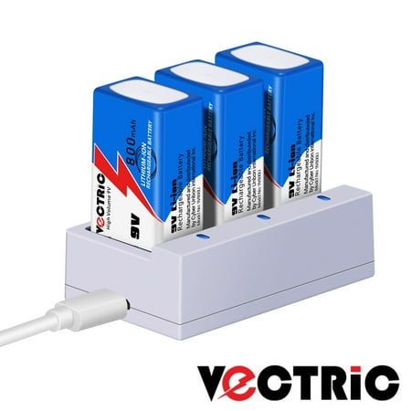 9V Rechargeable Li-ion Batteries 800mAh VECTRIC 3 Packs with Smart Charger LITHIUM-ION