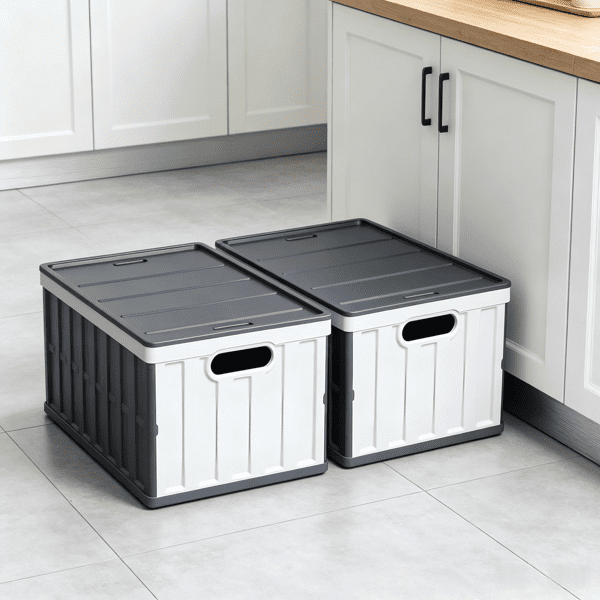 2 Pack 65L Collapsible Storage Bins with Lids, Stackable with Handles, Holds 84 lbs Each, Heavy Duty Plastic, Space-Saving Home Organizer