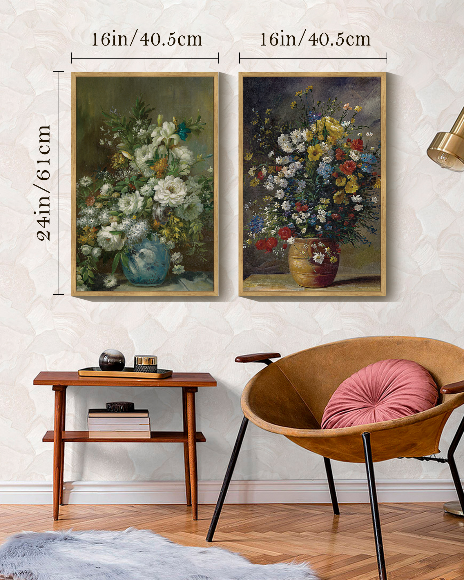 Vintage Flower Framed Wall Art 16x24in2pcs Framed Brown Modern Farmhouse Kitchen Bathroom Office Decor Retro Floral Classic Wall Prints
