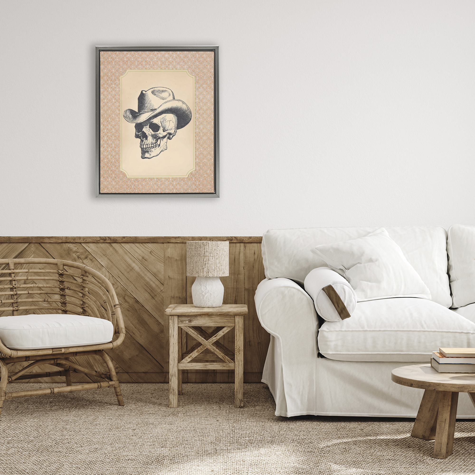 Vintage Cowboy Skull Gray Framed Floater Canvas Wall Art, design by Arlington Prints