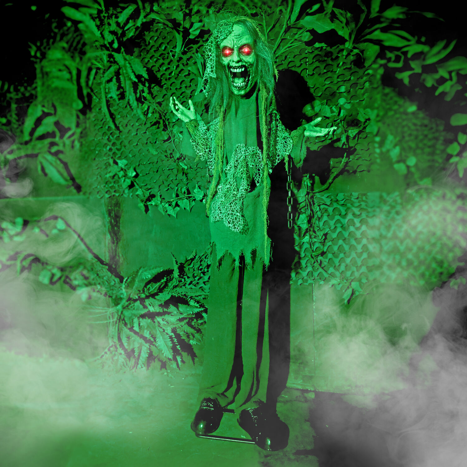 Haunted Hill Farm 5.5 ft Lifesize Animatronic Zombie with Chains with Lights and Sound, Indoor/Covered Outdoor Halloween Decoration, HHZOMB-9FLSA
