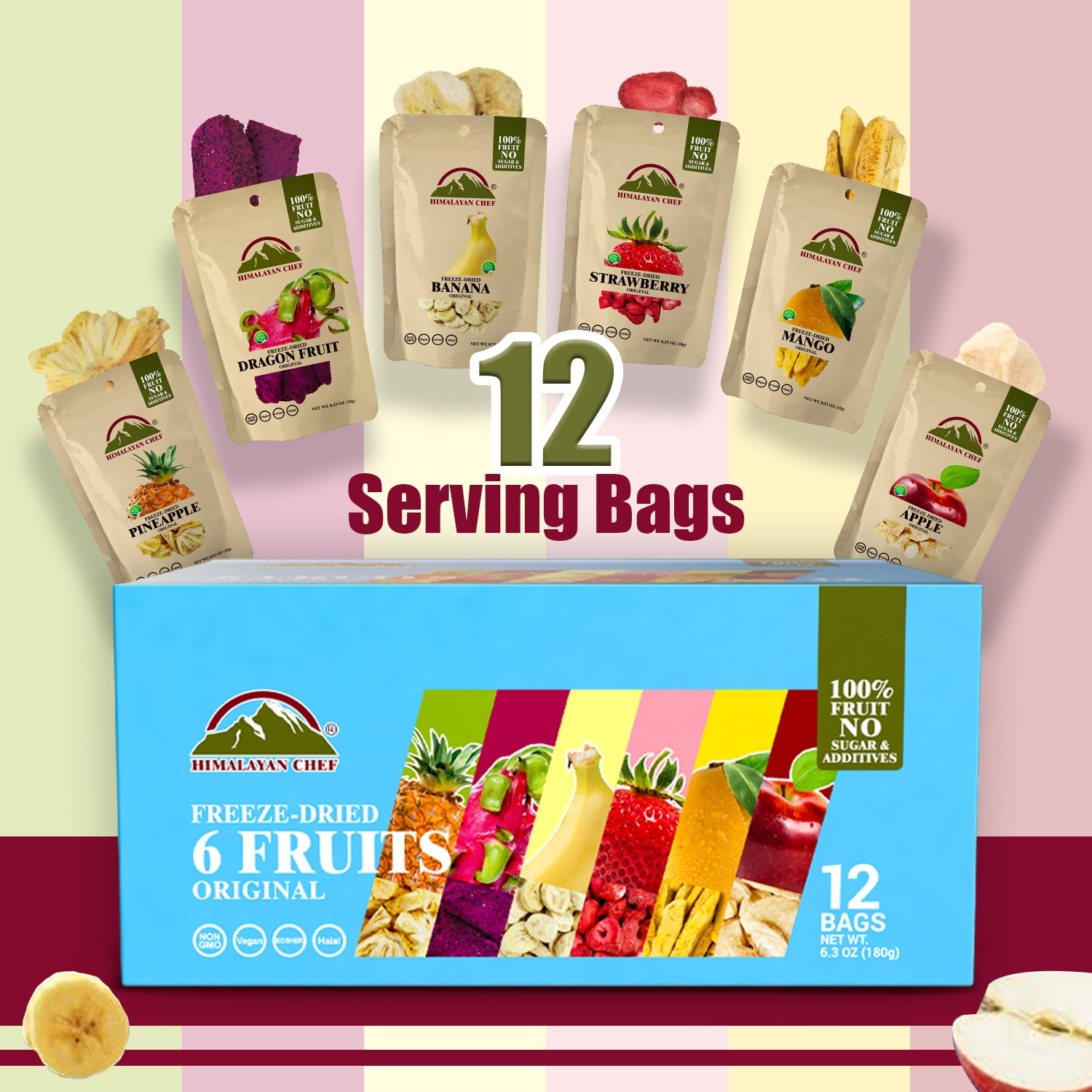 Himalayan Chef Freeze-Dried Fruit Mix (12 Bags) | Healthy Snack for Kids & Adults, 6 Assorted Fruits: Banana, Apple, Mango, Pineapple, Strawberry & Dragon Fruit
