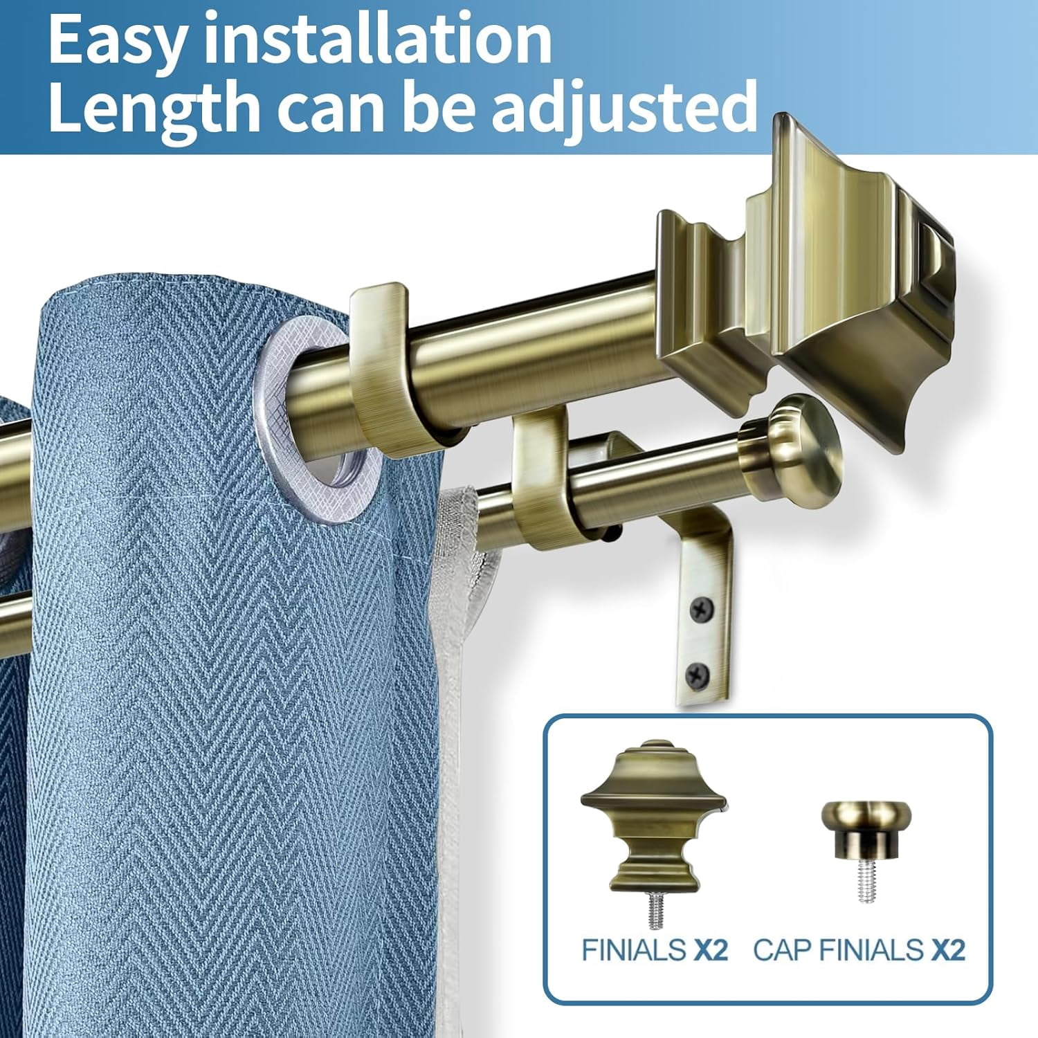 Urbanest Adjustable Double Curtain Rod Set Pila Flat Button Finials – 1″ Front & 5/8 Back Rod With Antique Brass Rod, 84–120 Inches