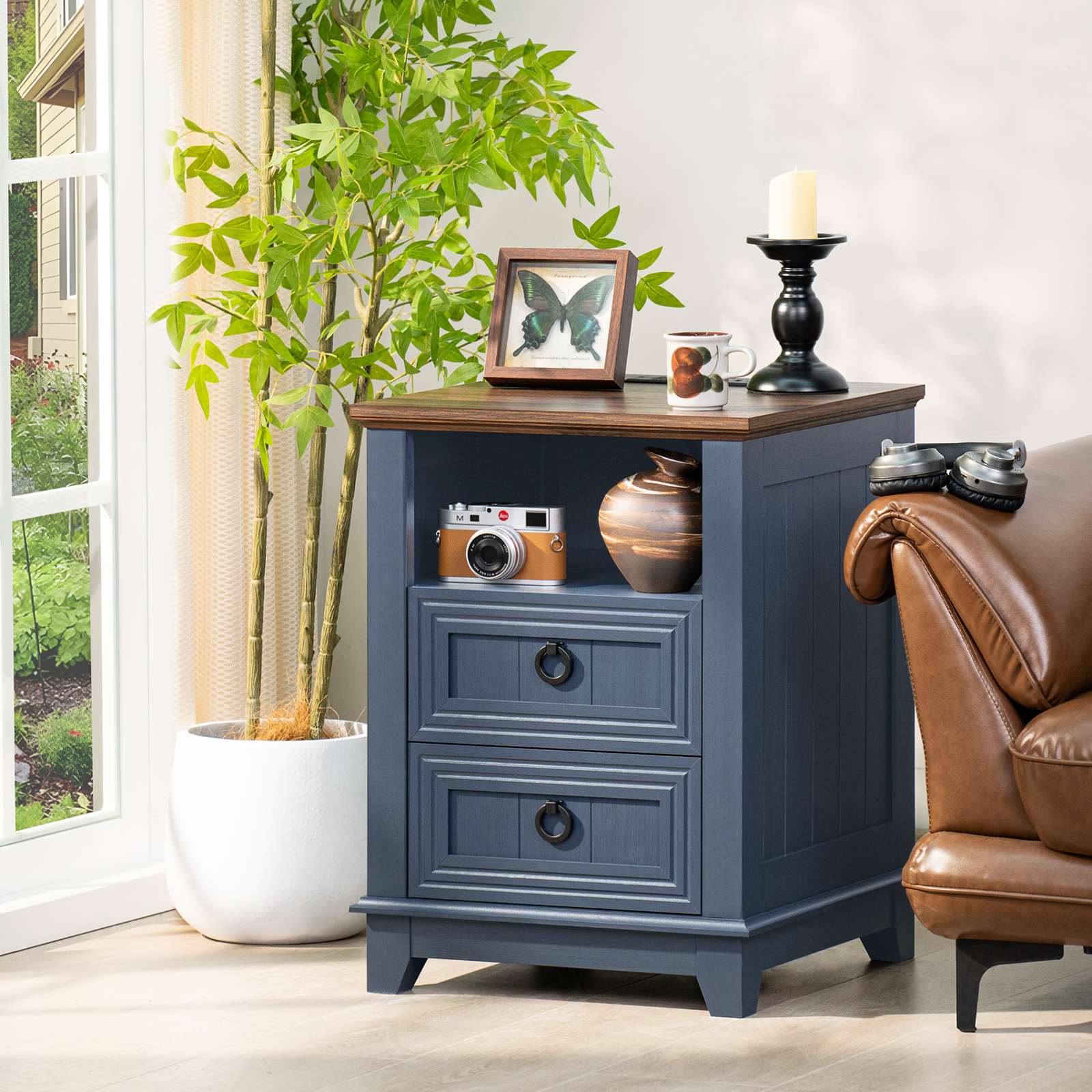 2 Pcs Joaxswe 2 Drawers Farmhouse Nightstand with Charging Station, Bedside Table with Drawers for Bedroom, Adult End Table with Open Shelf, Navy