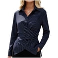 thumbnail image 2 of ClodeEU Women Collared Long Sleeve Wrap Cross Waist Slim Blouse,Casual Office Blouse Blue,Women's Plus XL, 2 of 8