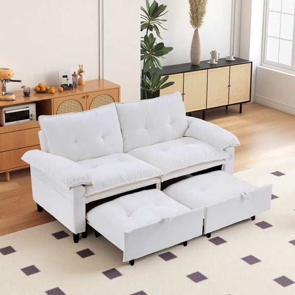 73 inch Velvet Pull Out Sofa Bed, Convertible Sleeper Couch with Hidden Pullout Mattress, Multi-Functional Loveseat for Small Apartment Living Room, Space-Saving Guest Ready, Beige White