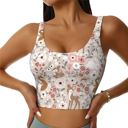 Qokaie Autumn Floral Deer Pattern Womens Scoop Neck Sports Bra Breathable Workout Vest Padded U Back Medium Impact Fitness Gym Yoga Bra Workout Crop Top-Medium
