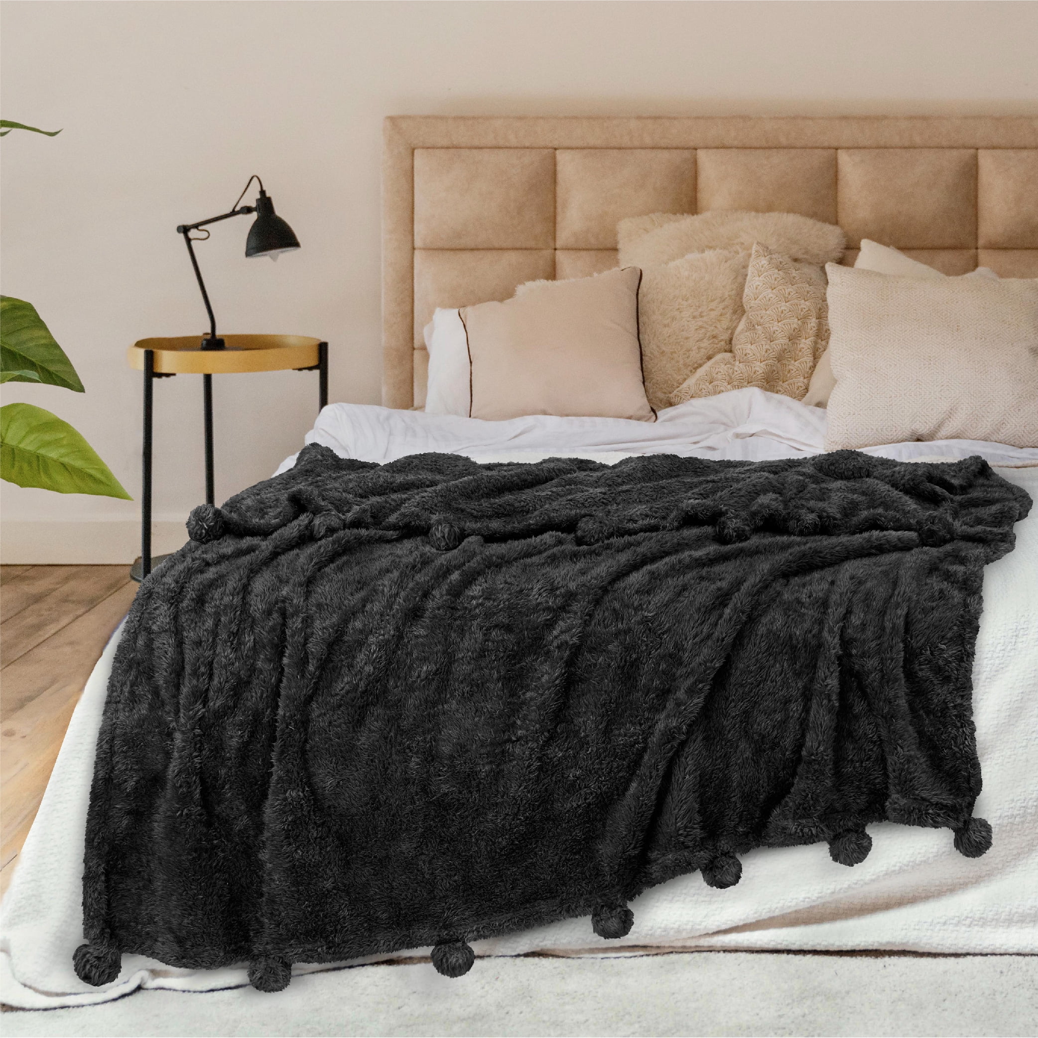 PAVILIA Black Sherpa Throw Blanket with Soft Pom Pom Fringe, Plush Cozy Warm Blankets for Couch Bed Sofa, Fuzzy Fleece Throw with Pompom, Lightweight Fluffy, Black 50x60 in