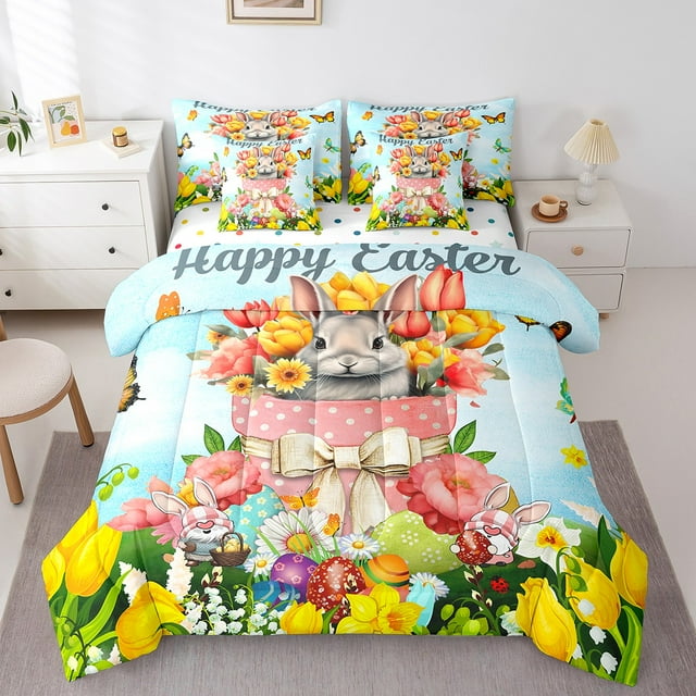 Ensemble Douillette Kawaii Cartoon Rabbit 7 Pcs Lit en Sac Simple, Ensembles de Literie Panier de Pâques Mignon Scandinave Gnome Ensemble de Draps avec Douillette