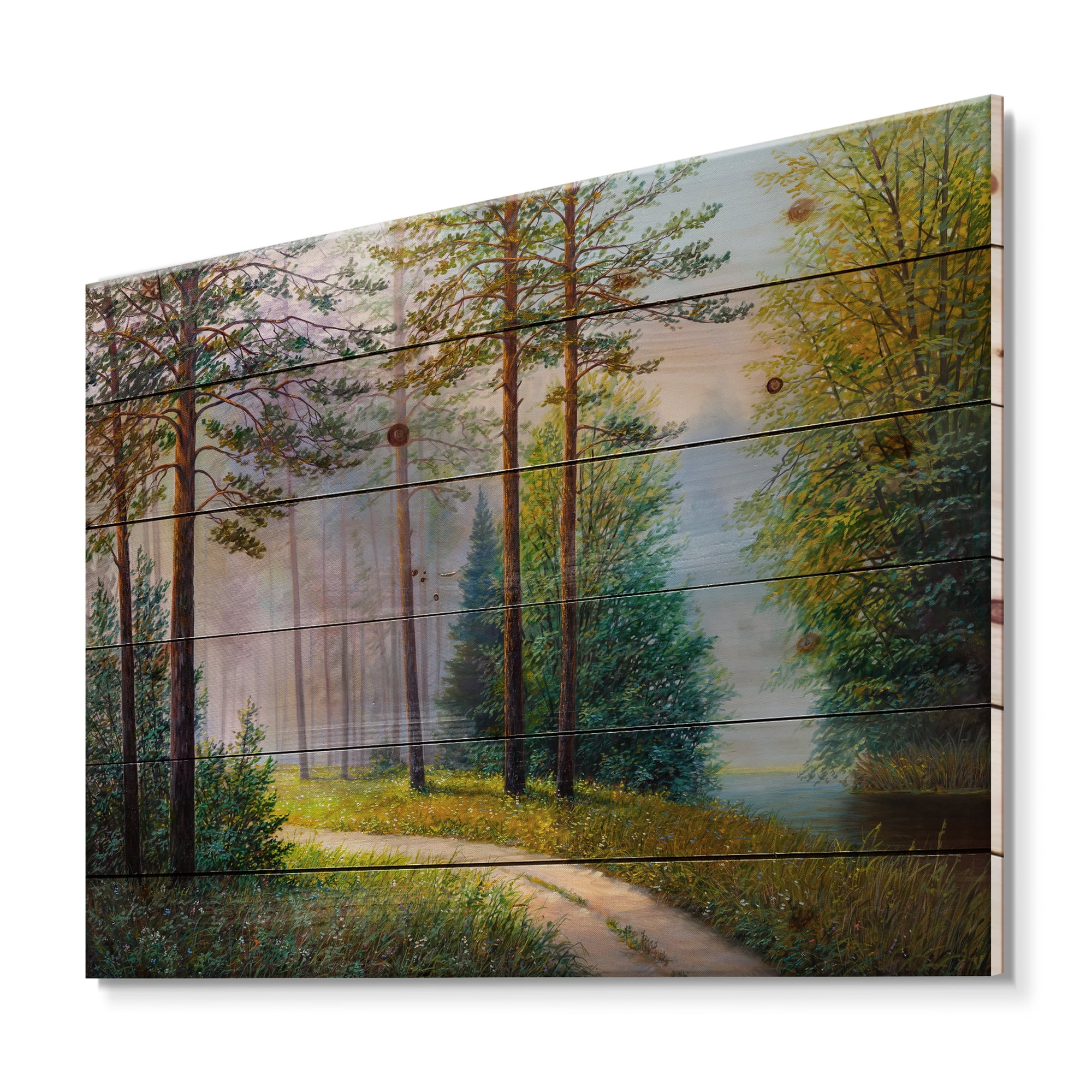 Designart 'Subtle Sunset Light Through The Trees II' Lake House Print on Natural Pine Wood