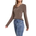 thumbnail image 4 of Blusas de líneas onduladas para mujeres, con cuello notch, botones, de manga larga, talla XL, color marrón, 4 of 6