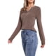 thumbnail image 4 of Blusas de líneas onduladas para mujeres, con cuello notch, botones, de manga larga, talla XL, color marrón, 4 of 6