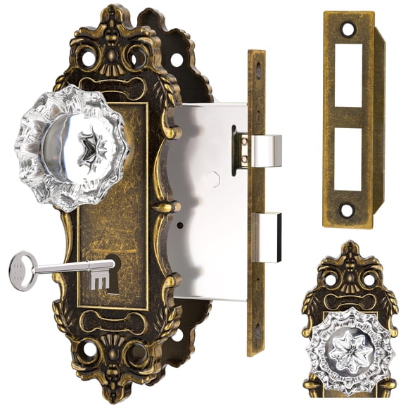 Pomo de puerta CEYMIO con cerradura de embutir de bronce envejecido y cristal