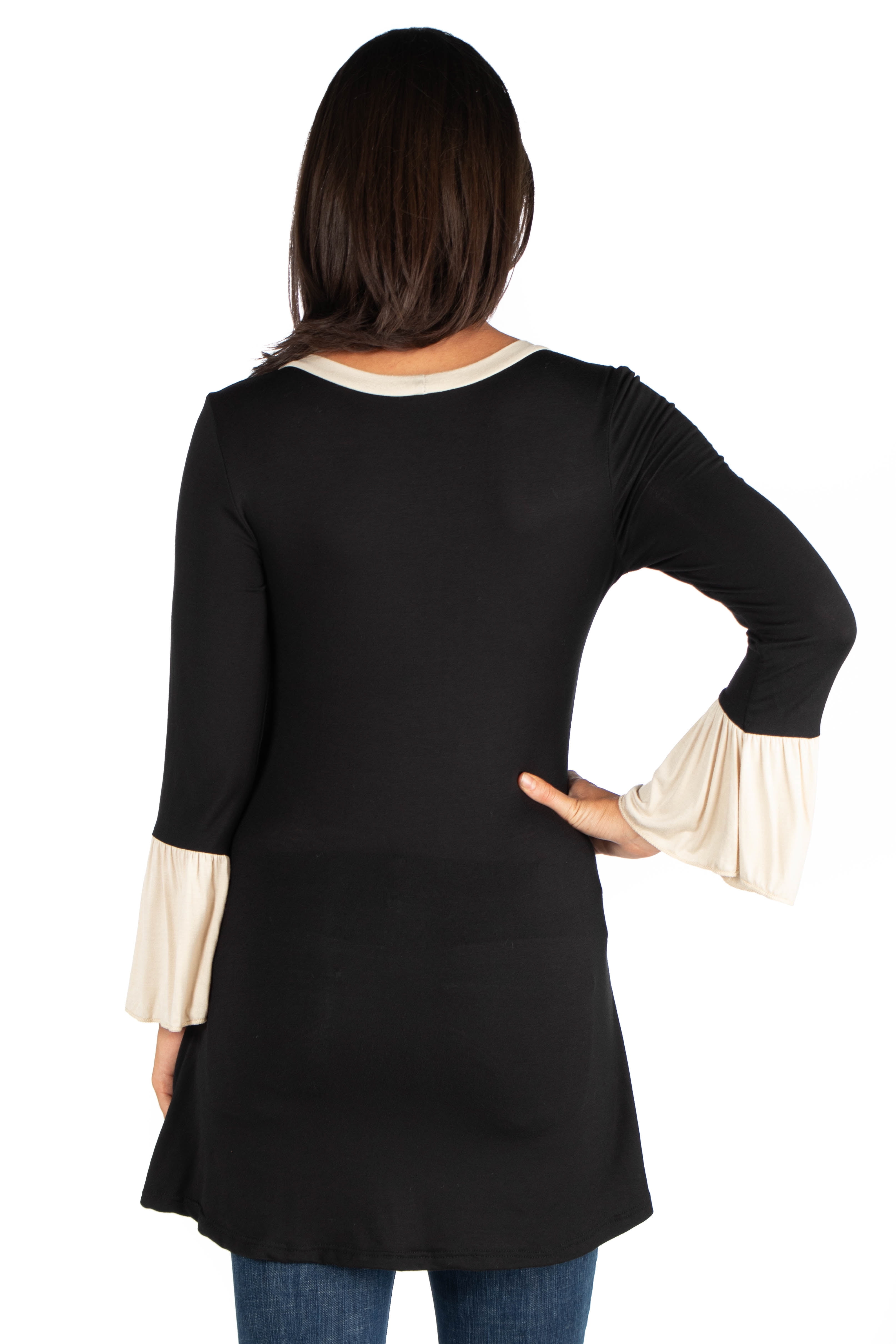 24seven Comfort Apparel Black and Beige Bell Sleeve Hi Low Maternity Tunic Top