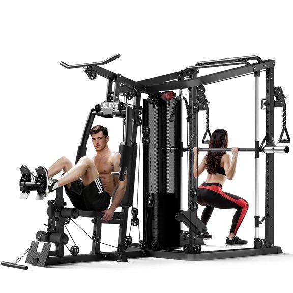 FORGEMUS Smith Machine Power Cage, Multi-Function Home Gym System with 150LB Weight Stack,LAT Station for Full Body Strength Training