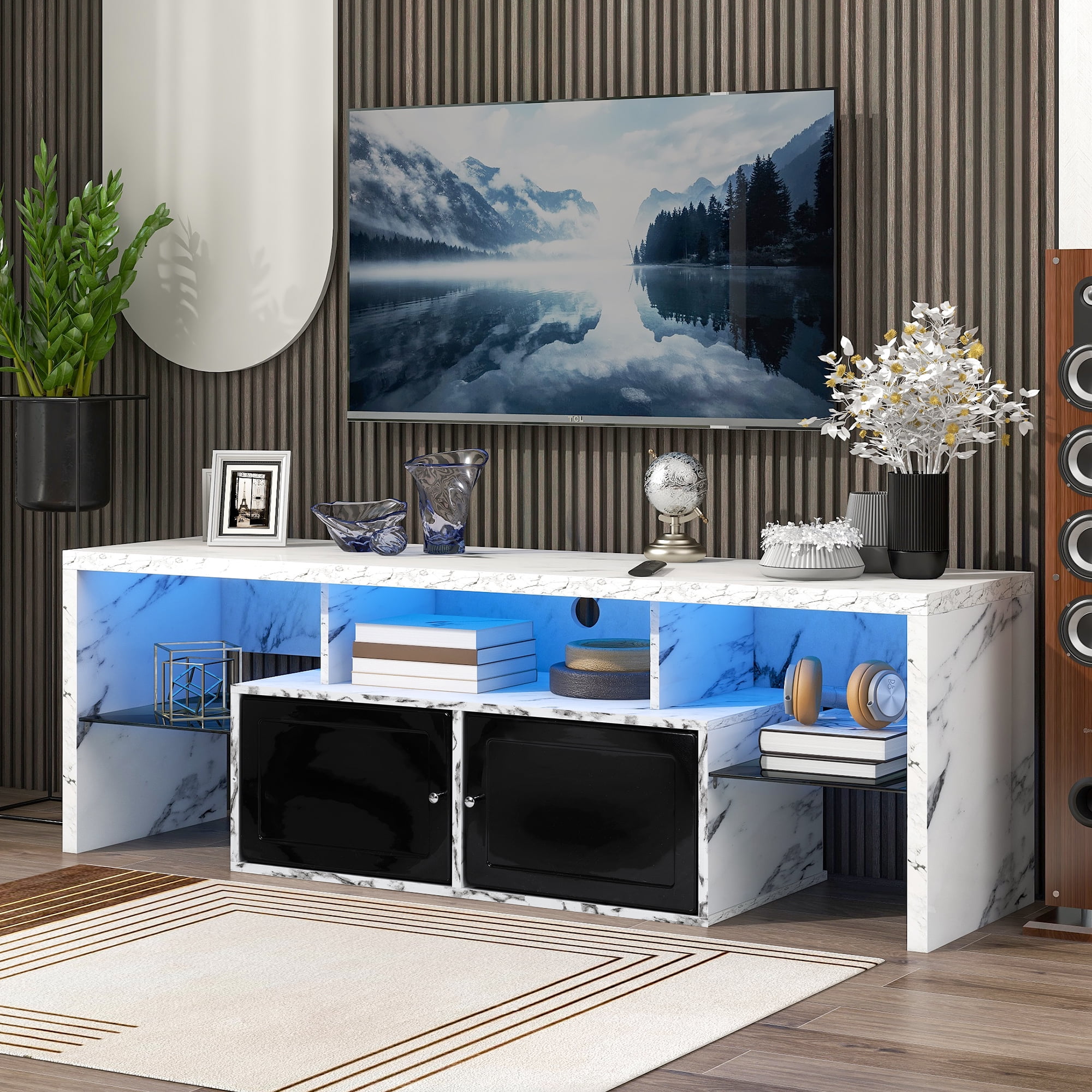 Yardi Yard Modern LED Entertainment Center for TVs up to 65", White/Marble Stamp Yardi Yard Modern LED Entertainment Center for TVs up to 65", White/Marble Stamp