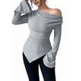 thumbnail image 3 of Women Long Sleeve Cowl Neck Ribbed Knit Fall Shirts Slim Fit Ruched Going Out Crop Tops Basic T-Shirts Gray XL, 3 of 9