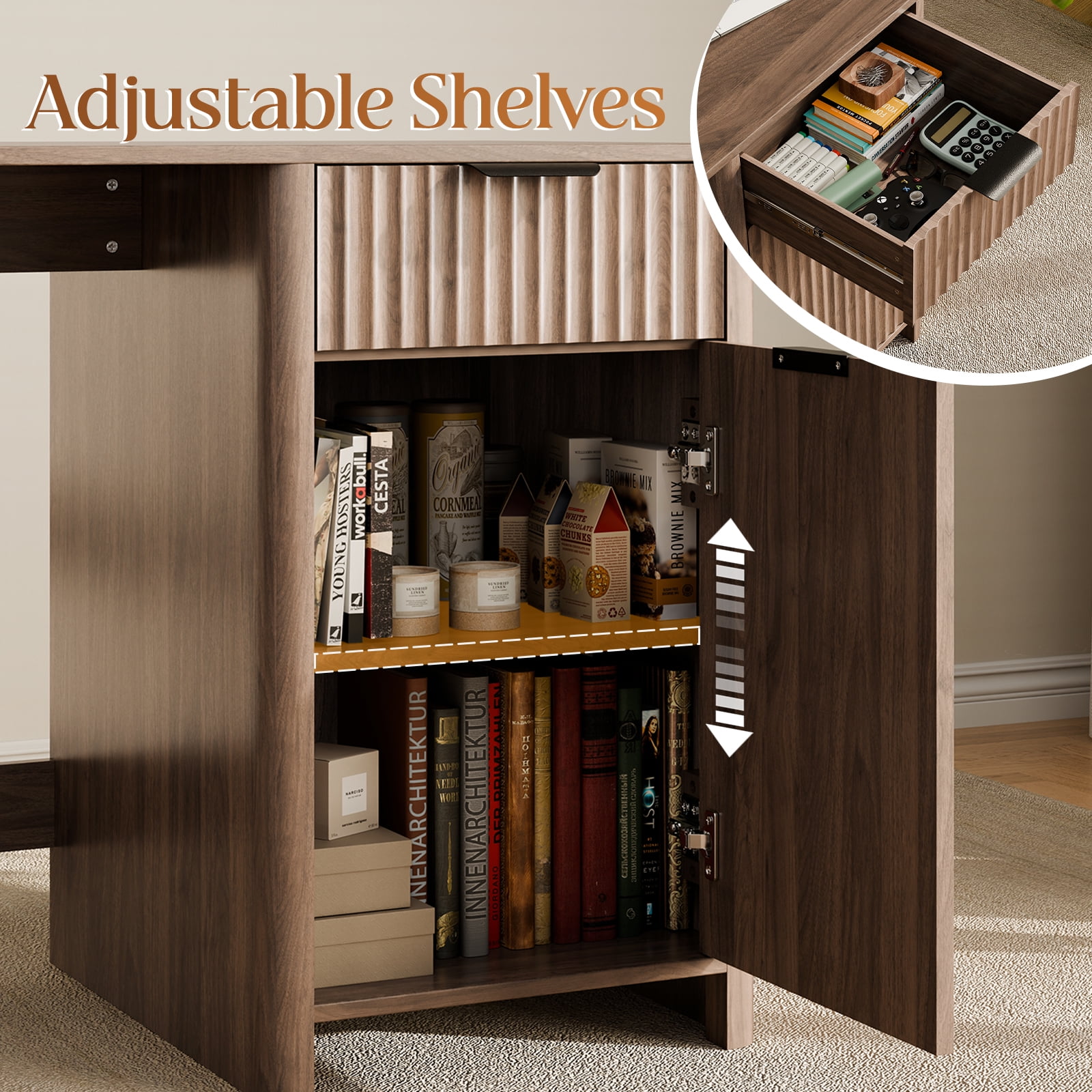 60" Fluted Executive Desk with Storage Modern Home Office Desk with Charging Station Wood Work Desk for Office, Bedroom, Study, Living Room, Walnut