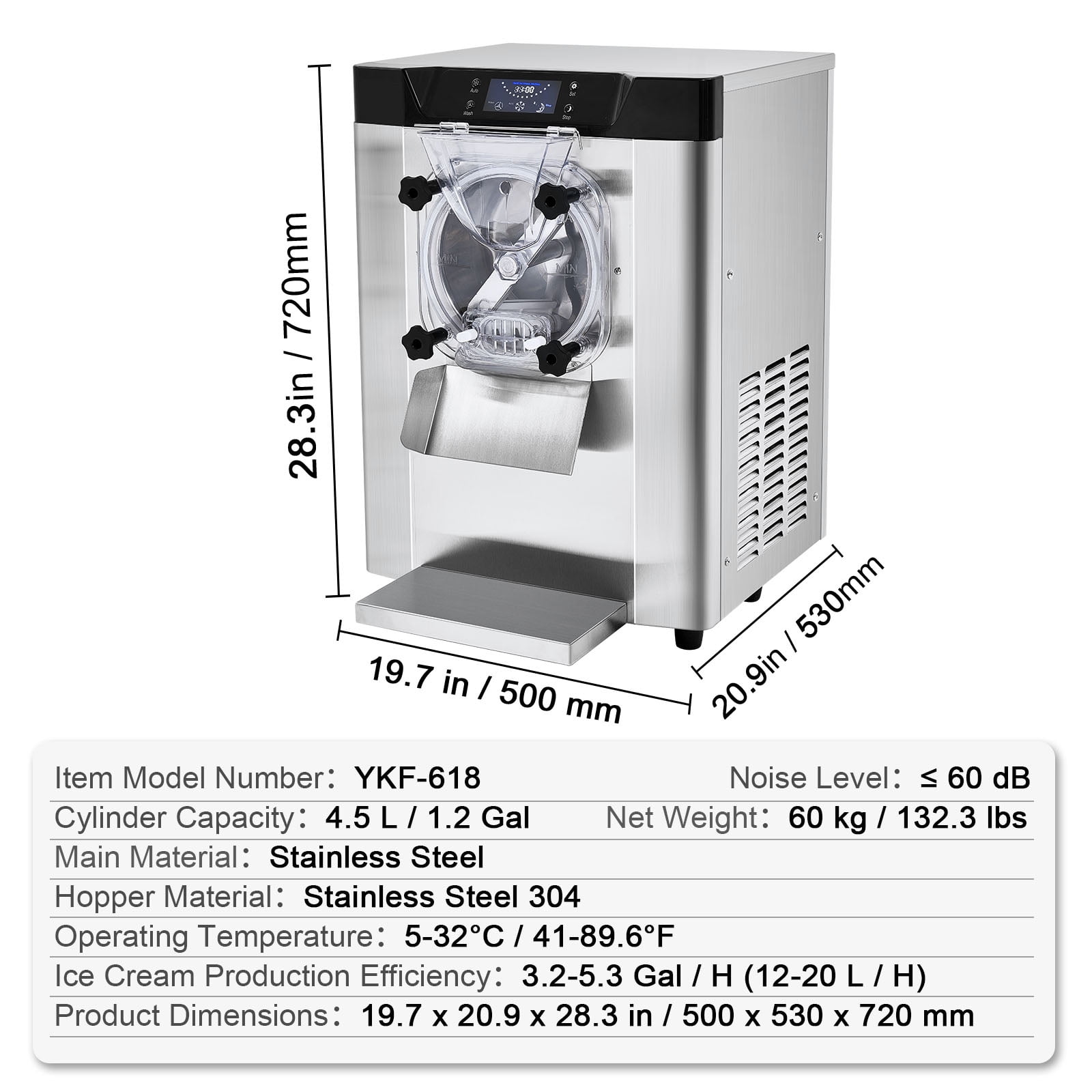 KFFKFF Commercial Ice Cream Machine, 12 L/H Output, 1713W Single Flavor Countertop Hard Serve Ice Cream Maker, 4.5L Stainless Steel Cylinder, LED Panel with Auto Cleaning and Pre-cooling Features