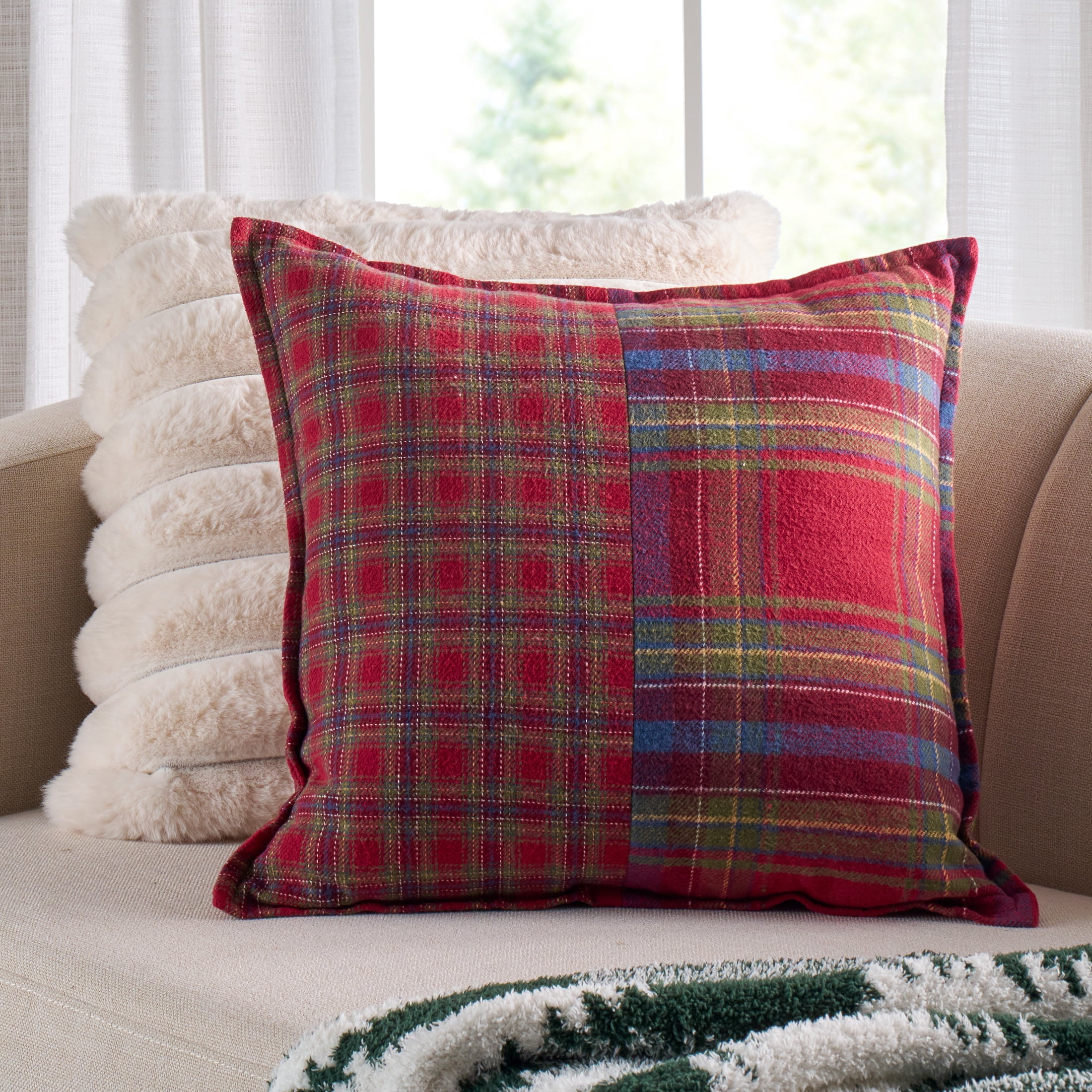 Better Homes & Gardens 20 in x 20 in Corin Pieced Plaid Throw Pillow, Red