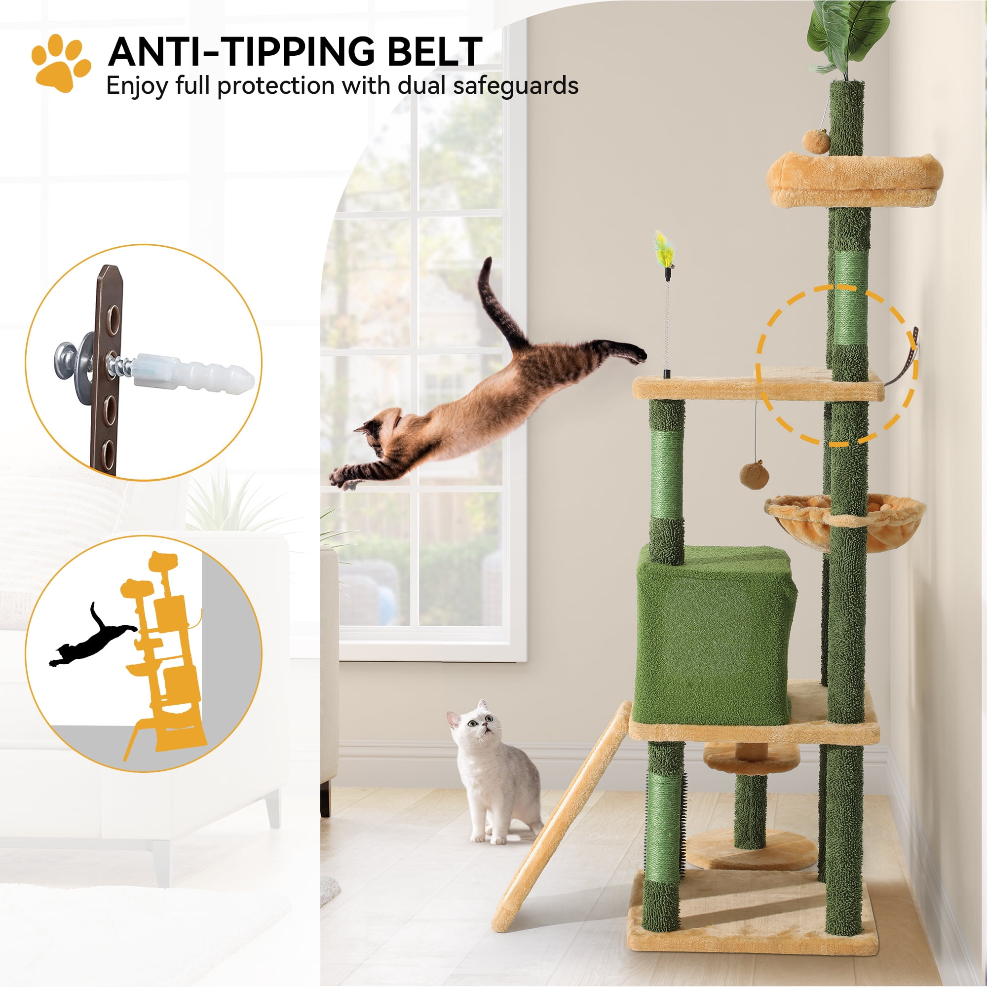 Uforic 73" Large Cactus Cat Tree Tower with Cat Scratching Posts Cozy Condo Perch for Indoor Cats, Green&Yellow
