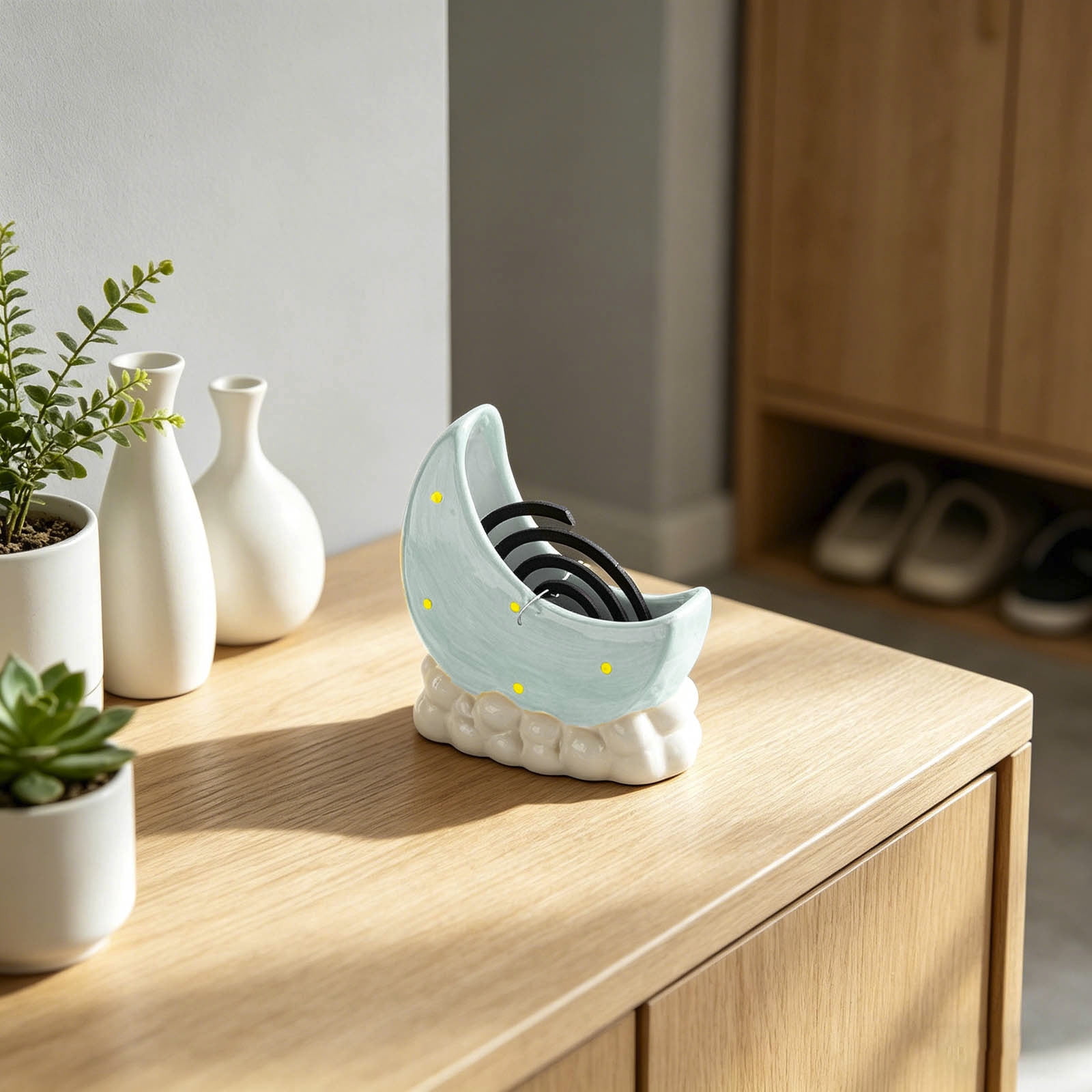 Coil Incense Burner Cute Moon-Shaped Ceramic Mosquito Coils Holder Portable Ash-Catching Spiral Incense Rack with Stable Base for Indoor Home Bedroom and Outdoor Camping