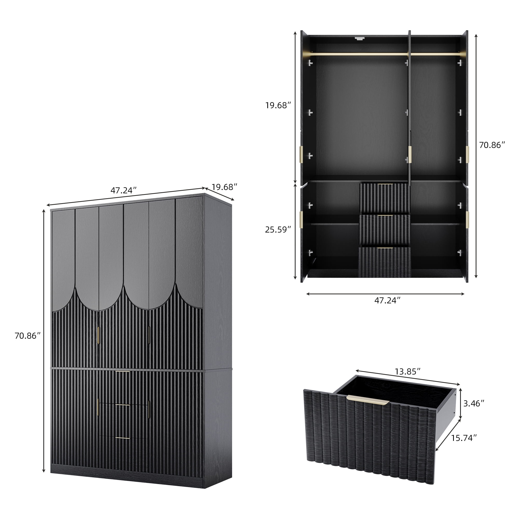 UGTOO 47.2" Wardrobe Closet with 3 Hanging Rods, 3 Drawers & 2 Cabinets - Modern Wooden Storage Armoire for Bedroom, Black
