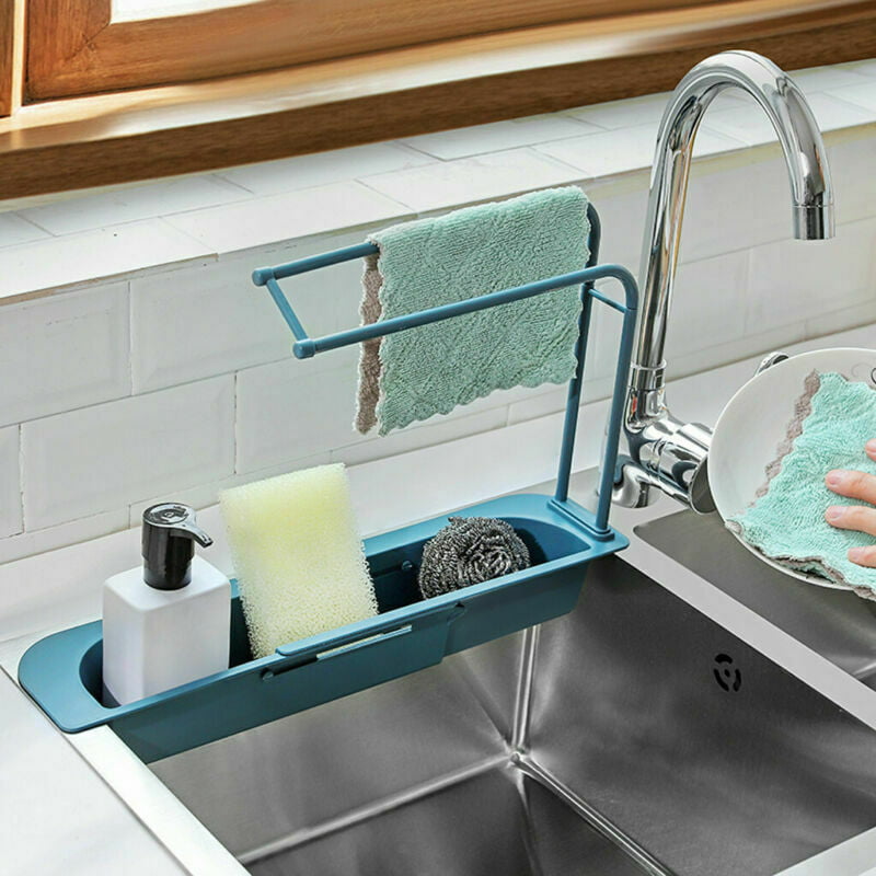 gray Telescopic Sink Rack， Holder Expandable Storage Tray Drain Basket ，for Home Kitchen Kit,4 colors 