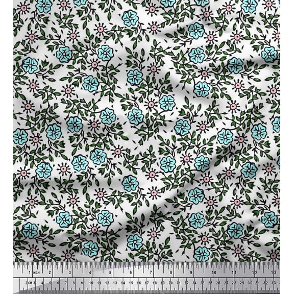 Soimoi Silk Fabric Leaves & Floral Block Print Sewing Fabric Yard 42 Inch Wide