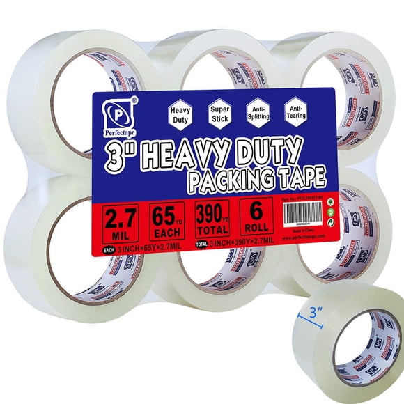 PERFECTAPE 3" Heavy Duty Packing Tape 6 Rolls, Total 390Y, Clear, 2.7 mil, 3 inch x 65 Yards, Ultra Strong, Refill for Packaging and Shipping(3" Widt
