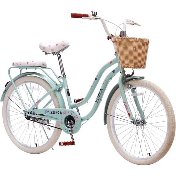 Ambifirner 24" Cruiser Bike - Shimano Single-Speed & Dual V-Brakes - Retro Steel Frame for Women with Brown Leather Saddle (Ocean Teal, 85% Pre-Assembled)