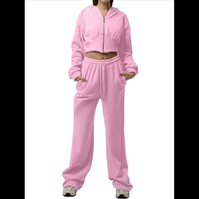 Conjunto Deportivo para Mujer: Sudadera con Capucha y Cremallera de Larga con Pantalones de Color Liso con Cordones - Conjunto de Dos Piezas Rosa L