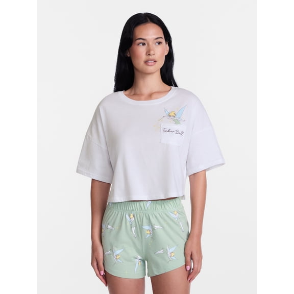 Disney Women's Tinker Bell Cotton Cropped Tee and Shorts Set, 2-Piece, Sizes S-XXL