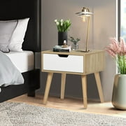 FurnitureR End Table/Nightstand with Storage Drawer Solid Wood Legs