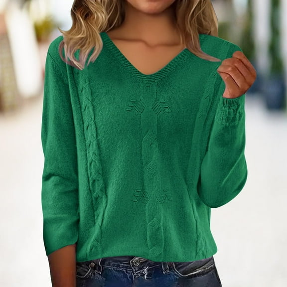 Sweaters for Women Trendy Long Sleeve Vneck Soft Lightweight Pullover Dressy Casual Ladies Knit Basic Shirts Dark Green M
