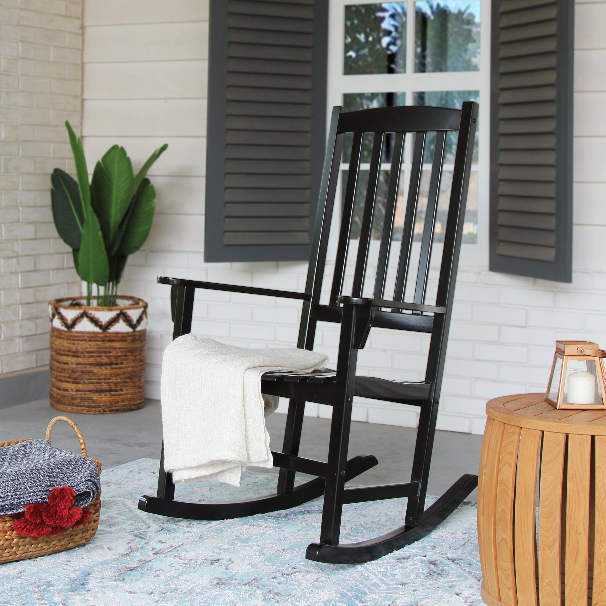 Alston Mahogany Wood Outdoor Rocking Chair with Cushion, Black Striped Cushion